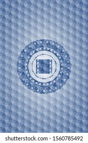 film icon inside blue emblem or badge with geometric pattern background.