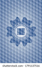 film icon inside blue emblem with geometric pattern. 