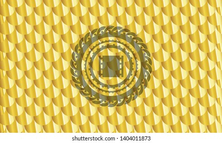 film icon inside gold badge or emblem. Scales pattern. Vector Illustration. Detailed.