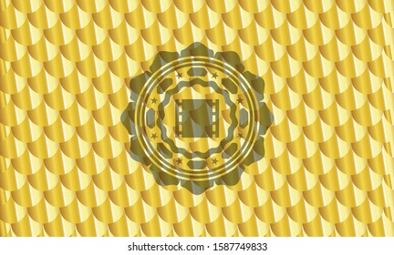 film icon inside gold emblem. Scales pattern. Vector Illustration. Detailed.