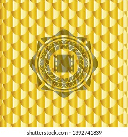 film icon inside gold shiny emblem. Scales pattern. Vector Illustration. Detailed.
