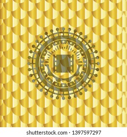 film icon inside gold shiny badge. Scales pattern. Vector Illustration. Detailed.