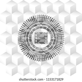 film icon inside realistic grey emblem with geometric cube white background