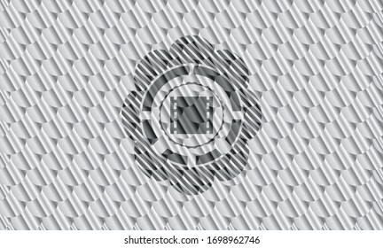 film icon inside silver emblem or badge. Scales pattern. Vector Illustration. Detailed.