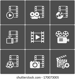 Film icon pack on black background. Vector illustration