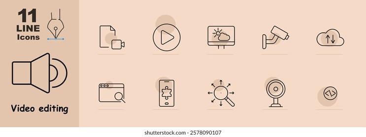 Film icon, play button, cloud upload, webcam, browser, and magnifier. Represents media production and editing technologies