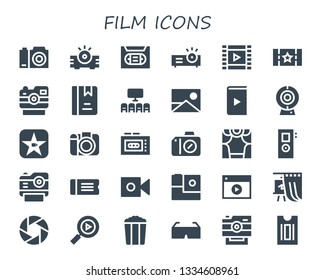film icon set. 30 filled film icons.  Simple modern icons about  - Camera, Projector, Vhs, Film roll, Ticket, Album, Cinema, Picture, Video, Cam, Movie, Photo camera, Recorder