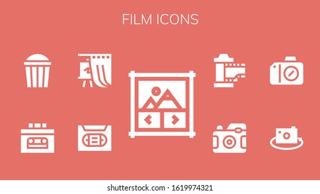 film icon set. 9 filled film icons.  Simple modern icons such as: Image gallery, Vhs, Gallery, Recorder, Popcorn, Picture, Camera, Photo camera, Film