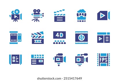 Conjunto de ícones de filme. Cor duotônica. Ilustração vetorial. Contendo cinemad, clapperboard, pipoca, documentário, clapboard, navegador, cinema, câmera de vídeo, fps, vídeo.