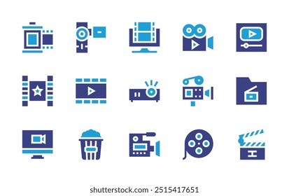 Conjunto de ícones de filme. Cor duotônica. Ilustração vetorial. Contendo filme, filme, projetor, computador, clapperboard, pipoca, cinéfilo, câmera, vídeo, filme.