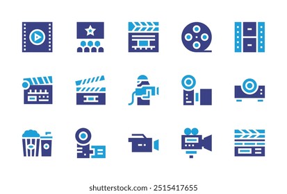 Conjunto de ícones de filme. Cor duotônica. Ilustração vetorial. Contendo cutscenes, camerafilm, camera, film, movie, clapperboard, camcorder, cinema, cameraman.