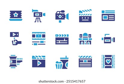 Conjunto de ícones de filme. Cor duotônica. Ilustração vetorial. Contendo clapperboard, cameraroll, videoedition, videocâmera, clapper, filme, cinema, pipoca, selfiestick.