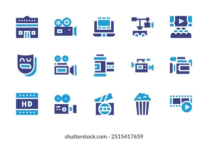 Film icon set. Duotone color. Vector illustration. Containing filmroll, films, videocamera, cameracrane, hd, bollywood, movie, cinema, popcorn, tragicomedy.