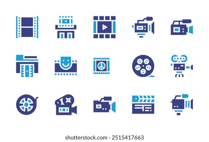 Film icon set. Duotone color. Vector illustration. Containing film, filmreel, moviefilm, filmtape, videocamera, comedy, clapperboard, cinema, moviecamera.