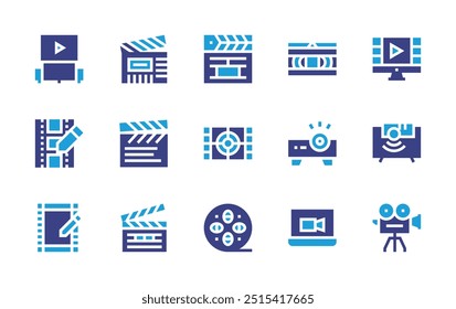 Conjunto de ícones de filme. Cor duotônica. Ilustração vetorial. Contendo clapperboard, filmediting, filme, propaganda, assistir tv, hometheater, projetor, fita de vídeo.