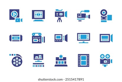 Film icon set. Duotone color. Vector illustration. Containing videoproduction, cinema, film, video, movienight, production, videocamera, camera.