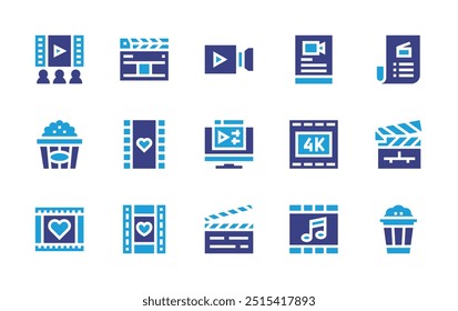 Conjunto de ícones de filme. Cor duotônica. Ilustração vetorial. Contendo watchmovie, vídeocall, clapperboard, kfilm, script, videoeditor, romanticmovie, pipoca.