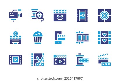 Conjunto de ícones de filme. Cor duotônica. Ilustração vetorial. Contendo horror, filmreel, filme, filme, fotogramas, câmera de vídeo, moviestart, clapperboard, pipoca, foto.