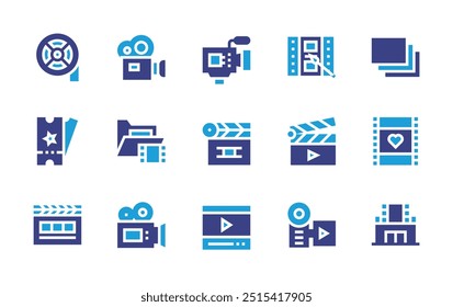 Conjunto de ícones de filme. Cor duotônica. Ilustração vetorial. Contendo filmtape, fotográfico, câmera de vídeo, filme romântico, editar, clapperboard, pasta, ticket.