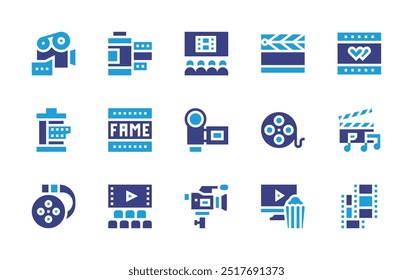 Conjunto de ícones de filme. Cor duotônica. Ilustração vetorial. Contendo cinema, filme, fotofilme, câmera, filme, clapperboard, fama, câmera de vídeo, musical.