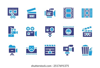 Conjunto de ícones de filme. Cor duotônica. Ilustração vetorial. Contendo câmera, filme, clapperboard, videoedição, câmera de vídeo, drama, feliz, actioncamera.