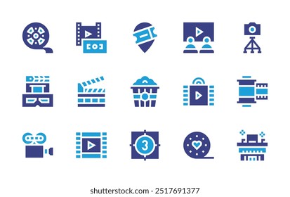 Conjunto de ícones de filme. Cor duotônica. Ilustração vetorial. Contendo câmera, filmroll, filmstrip, filmbudget, óculos, filme, vídeo, clapperboard, pipoca, cinema.