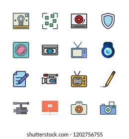 film icon set. vector set about edit, video camera, photo camera and lens icons set.