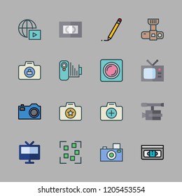 film icon set. vector set about lens, videotape, streaming and photo camera icons set.