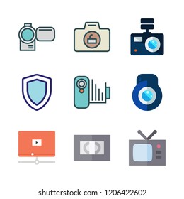 film icon set. vector set about videotape, camcorder, video camera icon and lens icons set.