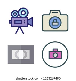 film icon set. vector set about photo camera, video camera and videotape icons set.
