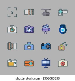 film icon set. vector set about photo camera, video camera, focus and television icons set.