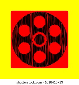 Film icon. Vector. Black scribble icon in red container with rounded corners at yellow background. Isolated.