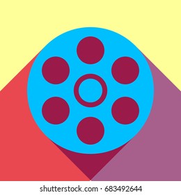 Film icon. Vector. Deep sky blue icon with two flat violet and raspberry semitransparent shadows on canary background.