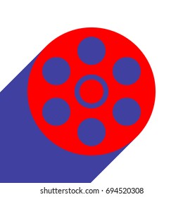 Film icon. Vector. Red flat style icon with dark blue long shadow on white background.