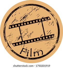 Film icon vector round shabby emblem flat design, old retro style. Blank cinema film strip mail stamp on craft paper. Cinema shape vintage grunge sign. Icon for web design. Filmstrip 