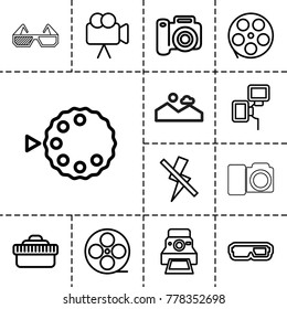 Film icons. set of 13 editable outline film icons such as movie tape, camera, 3d glasses, camera lense, no flash