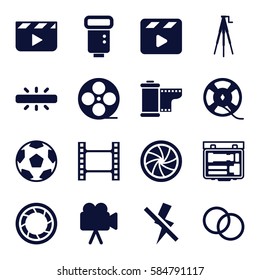 film icons set. Set of 16 film filled icons such as movie clapper, movie tape, camera, film tape, camera flash, no flash