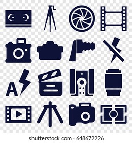 Film icons set. set of 16 film filled icons such as movie clapper, camera zoom, camera shutter, no flash, auto flash, movie tape