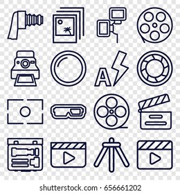 Film icons set. set of 16 film outline icons such as movie clapper, movie tape, camera zoom, camera shutter, auto flash, photo, clapper board