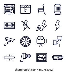 Film icons set. set of 16 film outline icons such as movie clapper, camera, camera zoom, flash, chair, picture, film tape