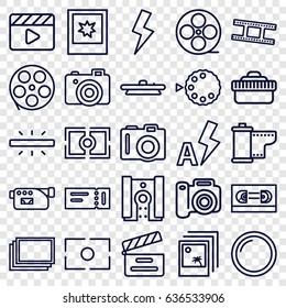 Film icons set. set of 25 film outline icons such as ticket, camera, photos, movie clapper, movie tape, photo, camera lense, flash, auto flash