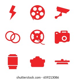 Film Icons Set. Set Of 9 Film Filled Icons Such As Film Tape, Camera Lense, Flash, Security Camera, Movie Tape