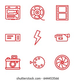 Film icons set. set of 9 film outline icons such as ticket, movie tape, camera, film tape, camera shutter, flash
