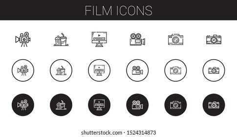 film icons set. Collection of film with camera, popcorn, video player, video camera, photo camera. Editable and scalable film icons.