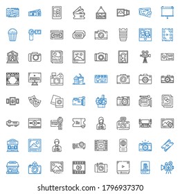 film icons set. Collection of film with camera, photo camera, video player, picture, photography, tickets office, ticket, wedding video, projector. Editable and scalable film icons.