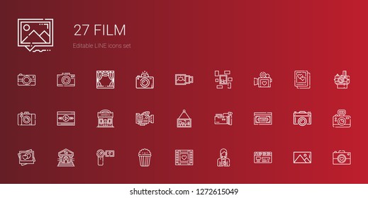 film icons set. Collection of film with clapperboard, photographer, wedding video, popcorn, camcorder, theater, picture, vhs, video camera, cinema. Editable and scalable film icons.