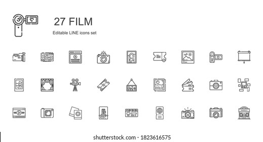 film icons set. Collection of film with photo camera, ticket, clapperboard, pictures, camera, video player, tickets, photo, picture, video camera. Editable and scalable film icons.
