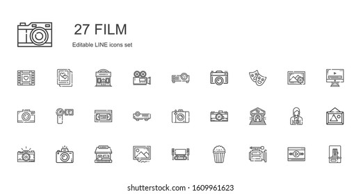 film icons set. Collection of film with video camera, popcorn, home cinema, picture, tickets office, photography, photo camera, theater, projector. Editable and scalable film icons.