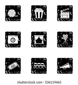 Film icons set. Grunge illustration of 9 film vector icons for web