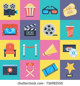 Film icons set. Movie symbols of video camera and big screen, motion-picture medium or film industry. Vector flat style cartoon illustration isolated on white background